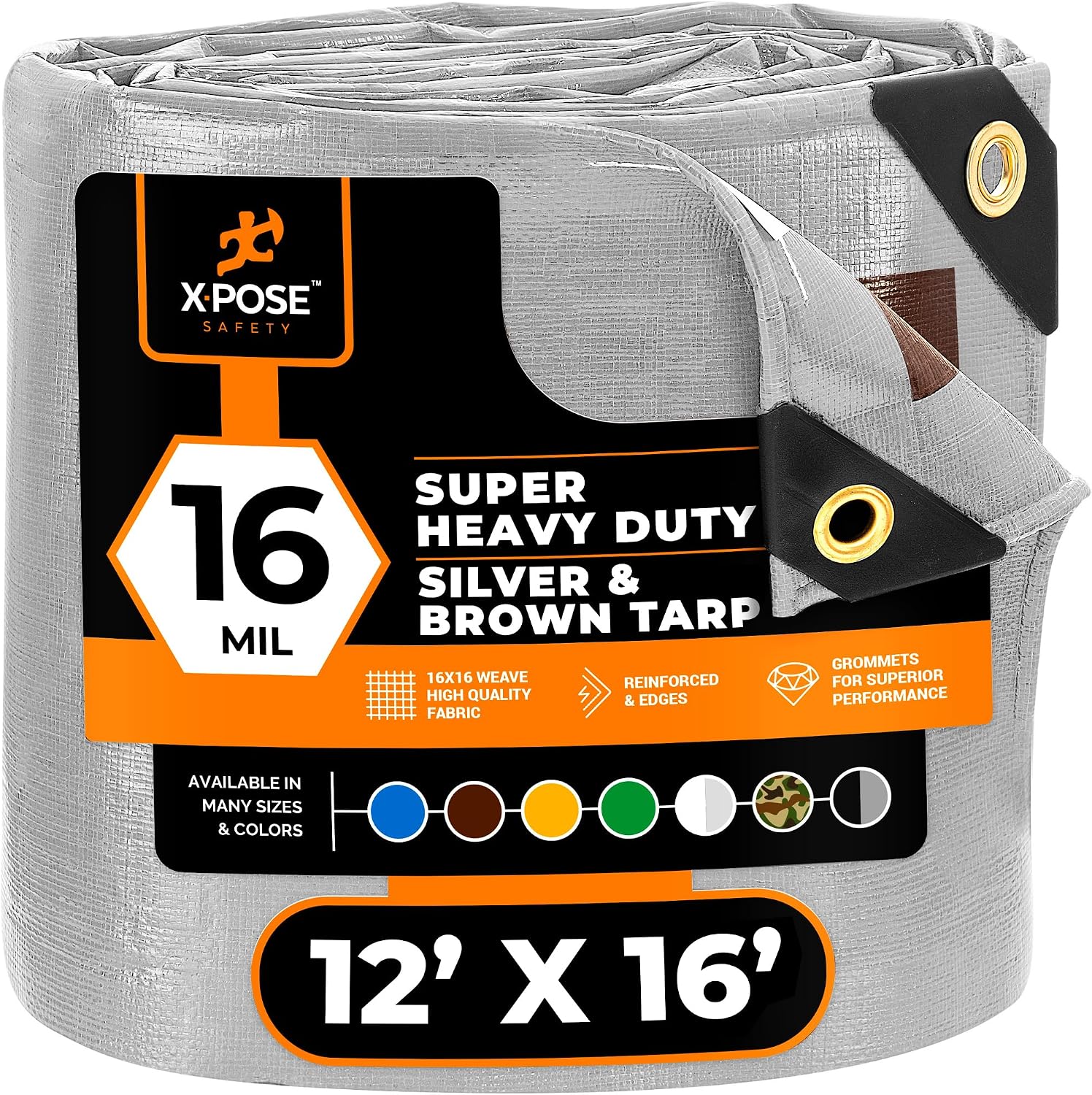 12' x 16' Super Heavy Duty 16 Mil Silver/Brown Poly Tarp Cover - Thick Waterproof, UV Resistant, Rip and Tear Proof Tarpaulin with Grommets and Reinforced Edges - by Xpose Safety