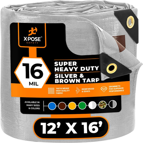 12' x 16' Super Heavy Duty 16 Mil Silver/Brown Poly Tarp Cover - Thick Waterproof, UV Resistant, Rip and Tear Proof Tarpaulin with Grommets and Reinforced Edges - by Xpose Safety