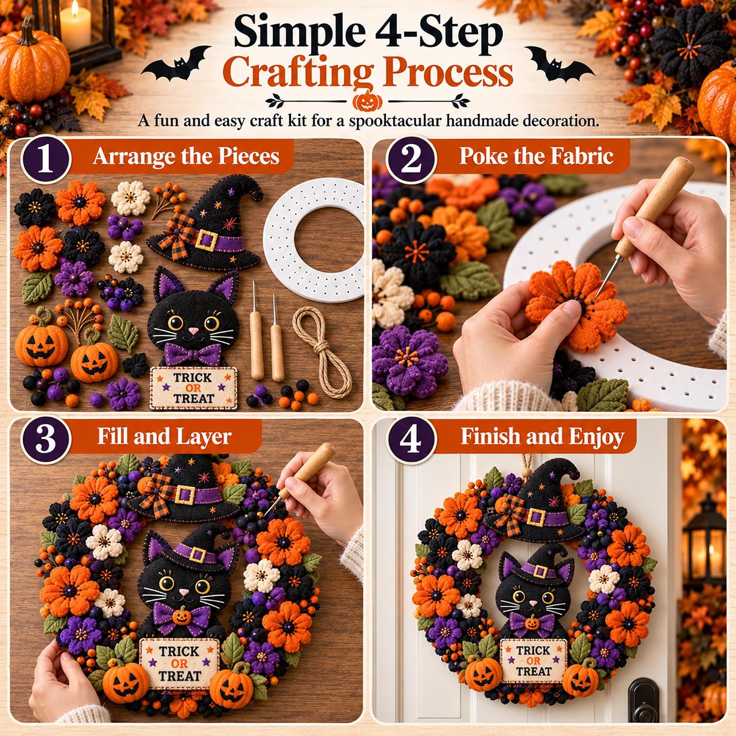 Christmas Wreath 3D Fabric Poke Art Kits for Adults (Black Cat)