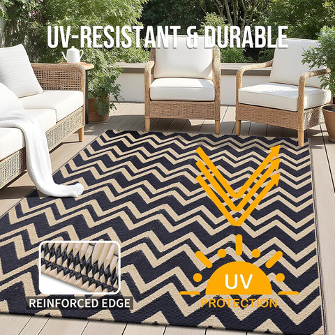 OLANLY Outdoor Rug 5x8 ft Waterproof Reversible Chevron Mat, Black & Beige