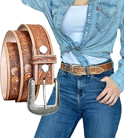 DANIEL'S ARTPLANET Women’s Western Leather Belt Cowgirl Belt For Jeans Pants Dresses Engraved Tooled Ladies Western Belt