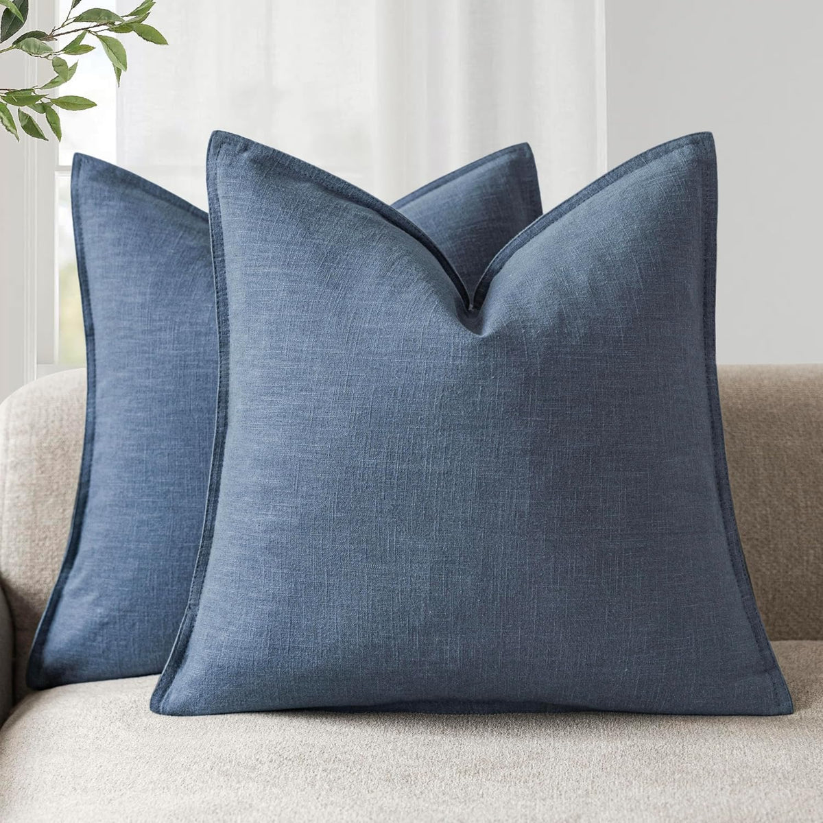 Foindtower Linen Solid Decorative Throw Pillow Covers 20x20 Inch Dark Blue
