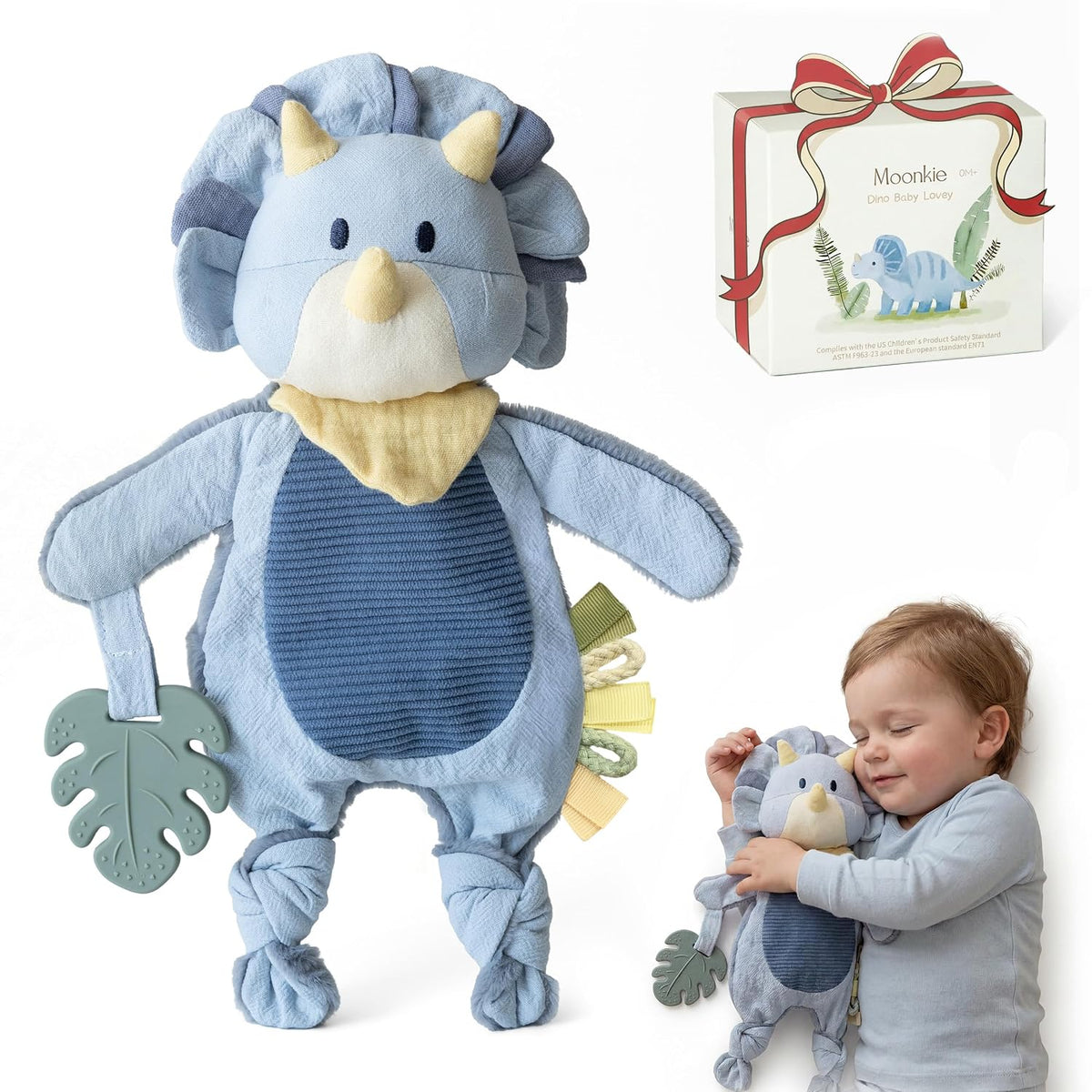 Moonkie Baby Lovey with Silicone Teether, Dinosaur Security Blanket with Textured Ribbons, Crinkle Toys, Soft Minky Velour & Natural Cotton, Newborn Boys Gifts for Baby Shower & Birthday