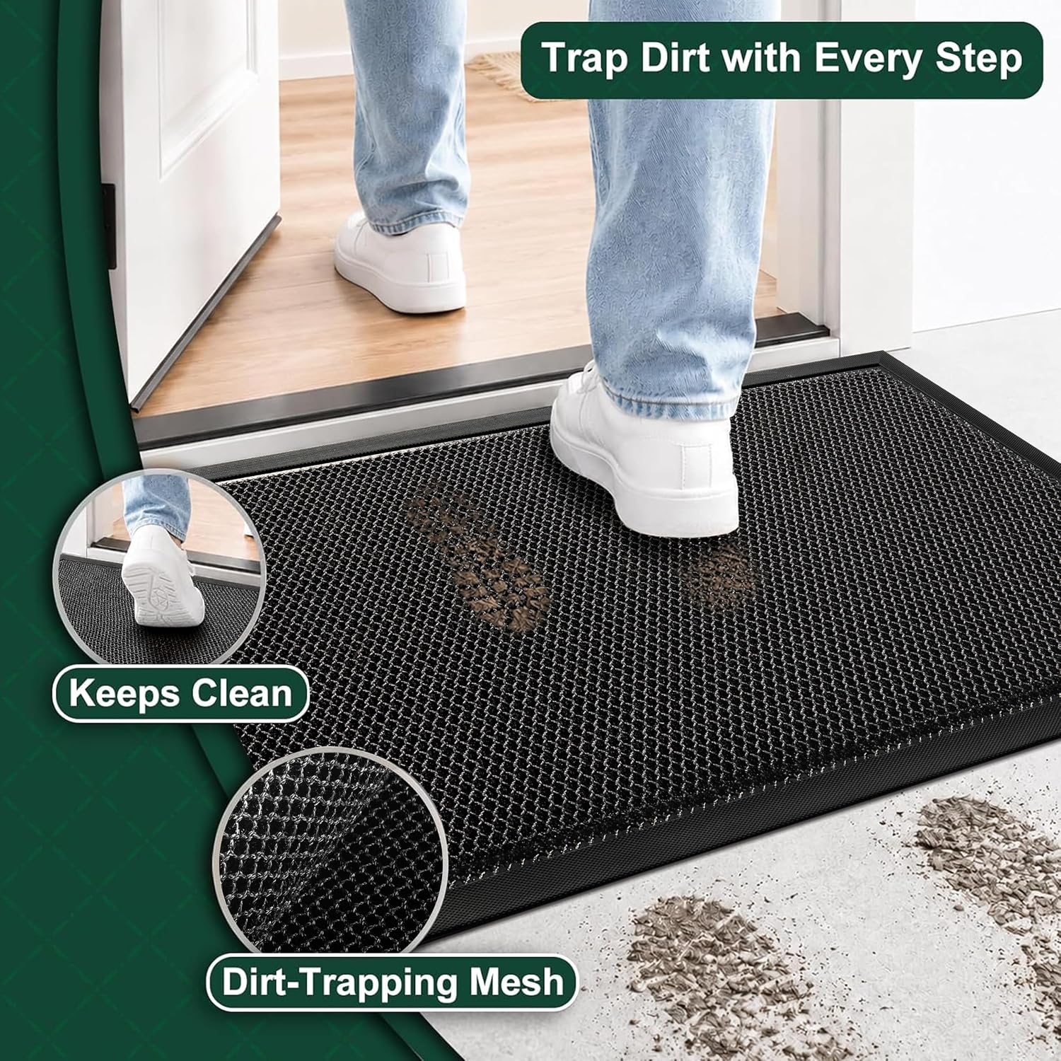 Mibao Meshy Mat Door Mat Heavy-Duty Quick-Dry Floor Mat, Sand & Dirt Trapper for Indoor & Outdoor, Ideal for Entrance, Mudrooms,Patios & Garages, Outside Doormat with Anti-Slip Backing, Grey，17"x36"