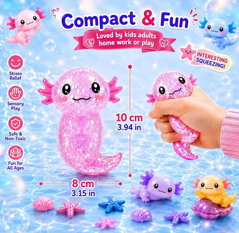 Axolotl Squishy Stress Relief Toy,Glitter Fidget Squishy Toys,Cute Axolotls Squeeze Toys, Fidget Toys for Kids Youth Adult,Party Favors (2PCS Blue+Pink Axolotl)