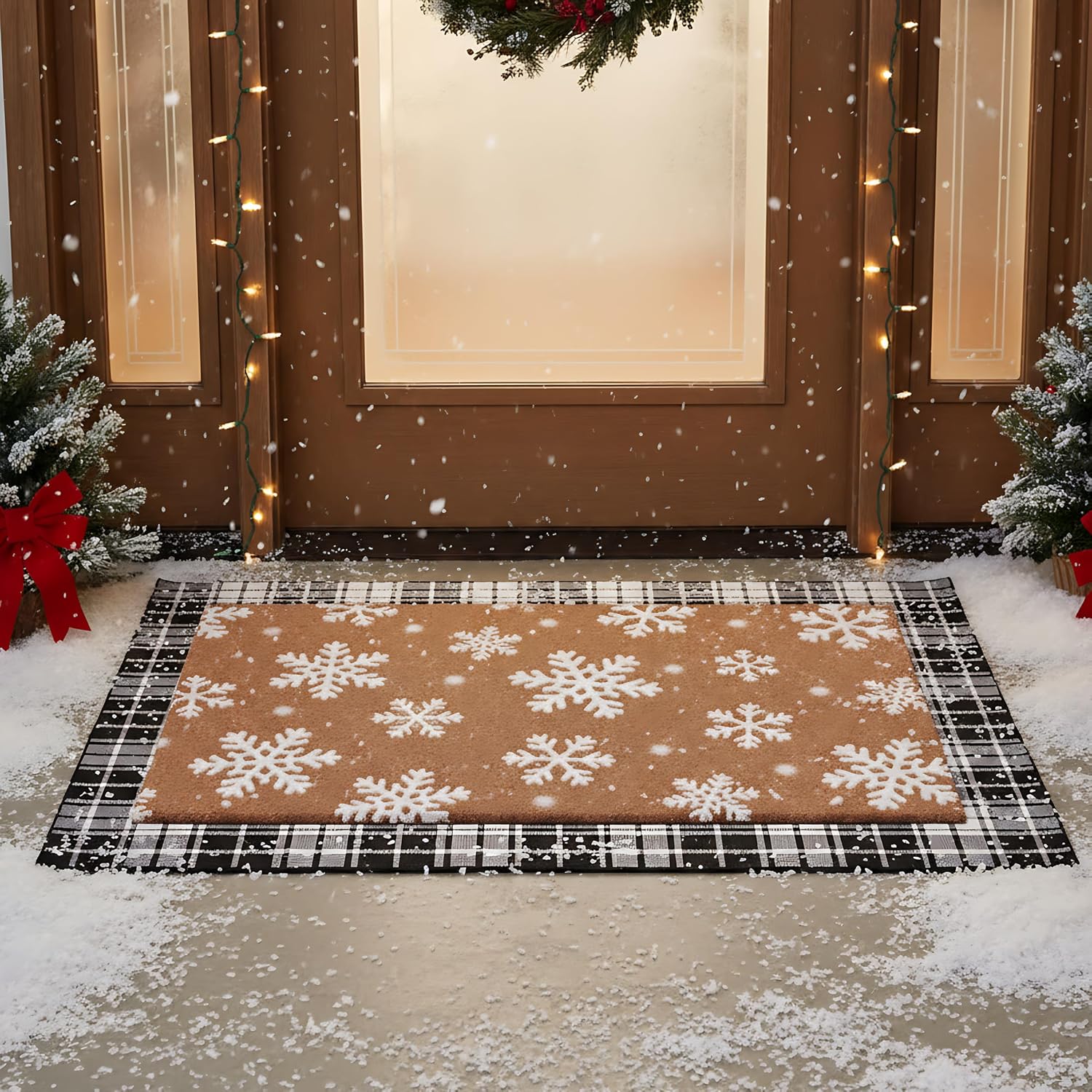 Drydiet Snowflake Plaid Outdoor Front Door Mat Non Slip Porch Entryway