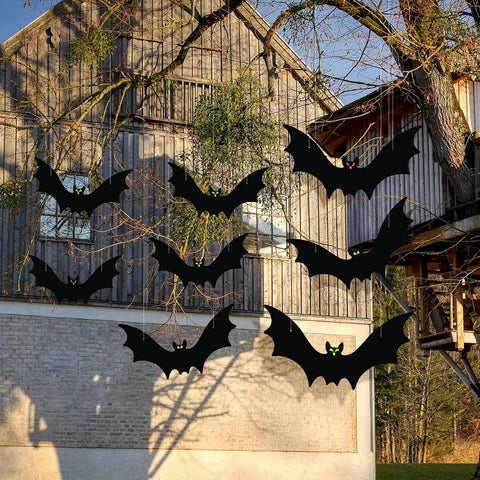 Hanging Bats Halloween Decorations 12pcs 3D Realistic Halloween Hanging Flying Bat with Glowing Eyes for Outdoor (3 Styles)