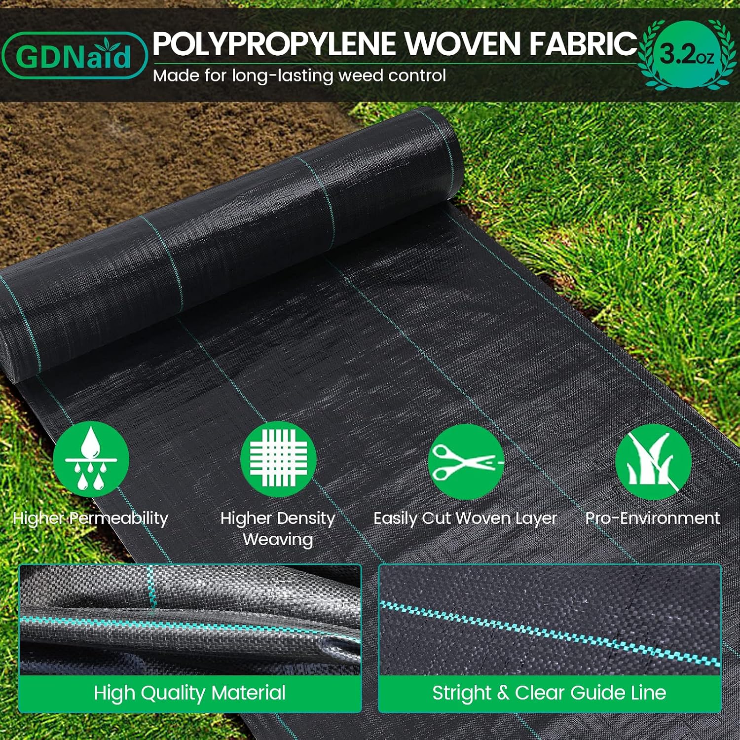 4ftx50ft Weed Barrier Landscape Fabric Heavy Duty, Premium 3.2oz Weed Barrier Fabric Weed Tarp, Weed Fabric, Garden Landscaping Fabric