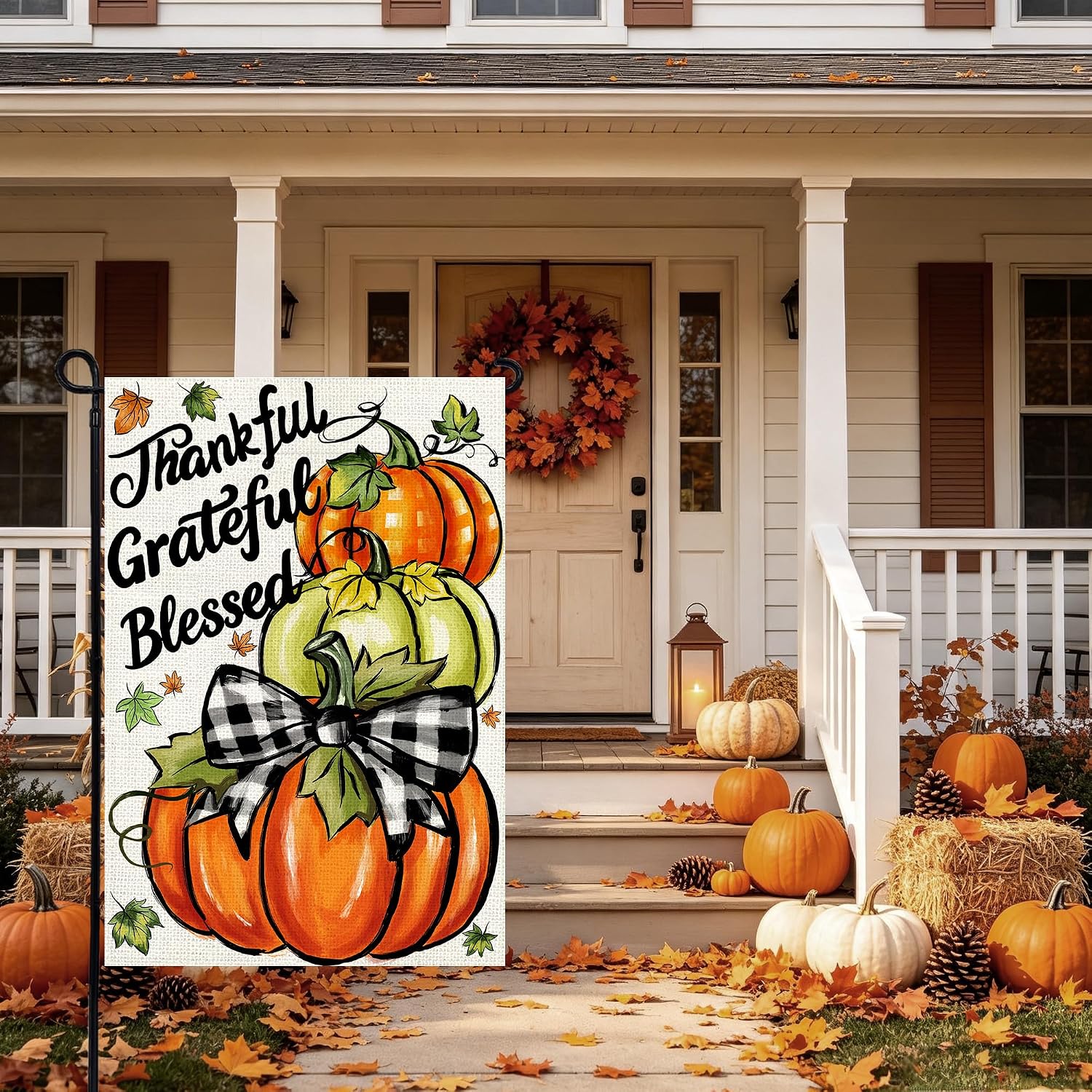Thanksgiving Garden Flag 12x18 In, Pumpkin with"Thankful Grateful Blessed"