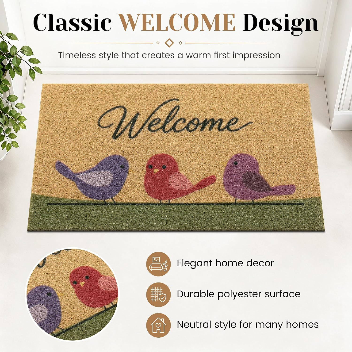 Smiry Front Door Mat Outside Entrance, Sturdy Dirt Trapper, Birds