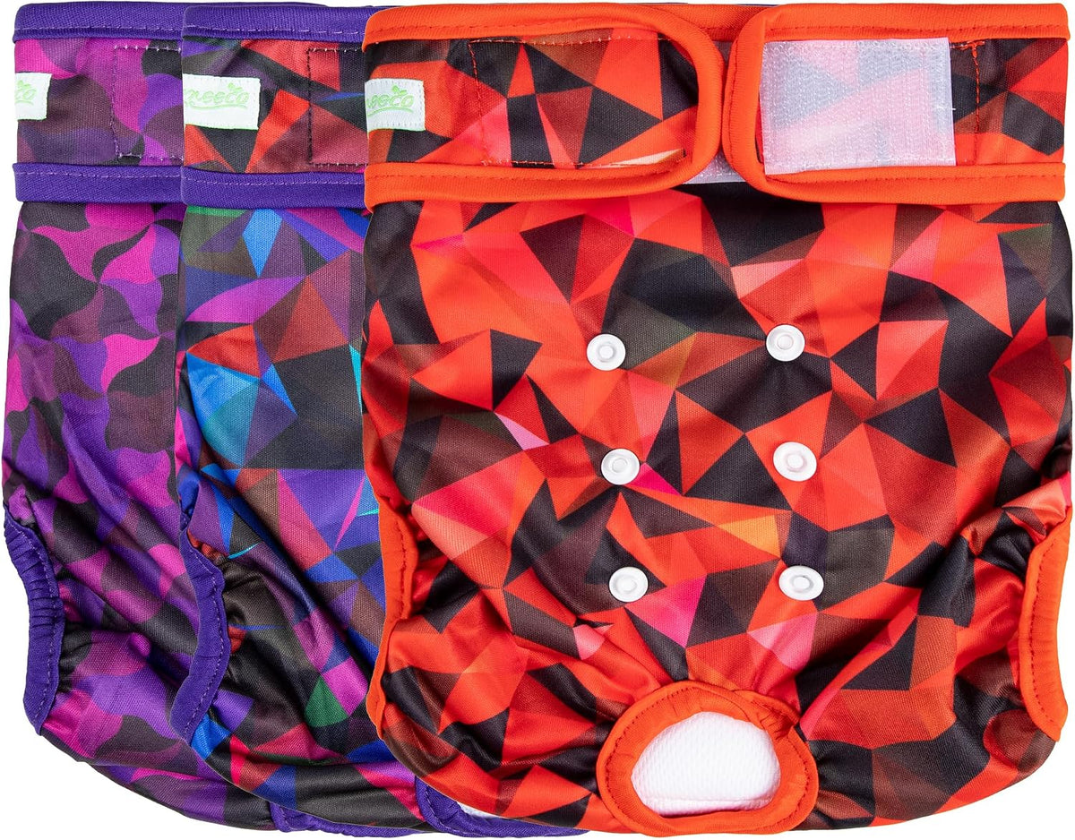 wegreeco Washable Female Dog Diapers Highly Absorbent Reusable Diapers for Dog in Heat Period, 3 Pack (Abstract Geometrical Purple, X-Large)