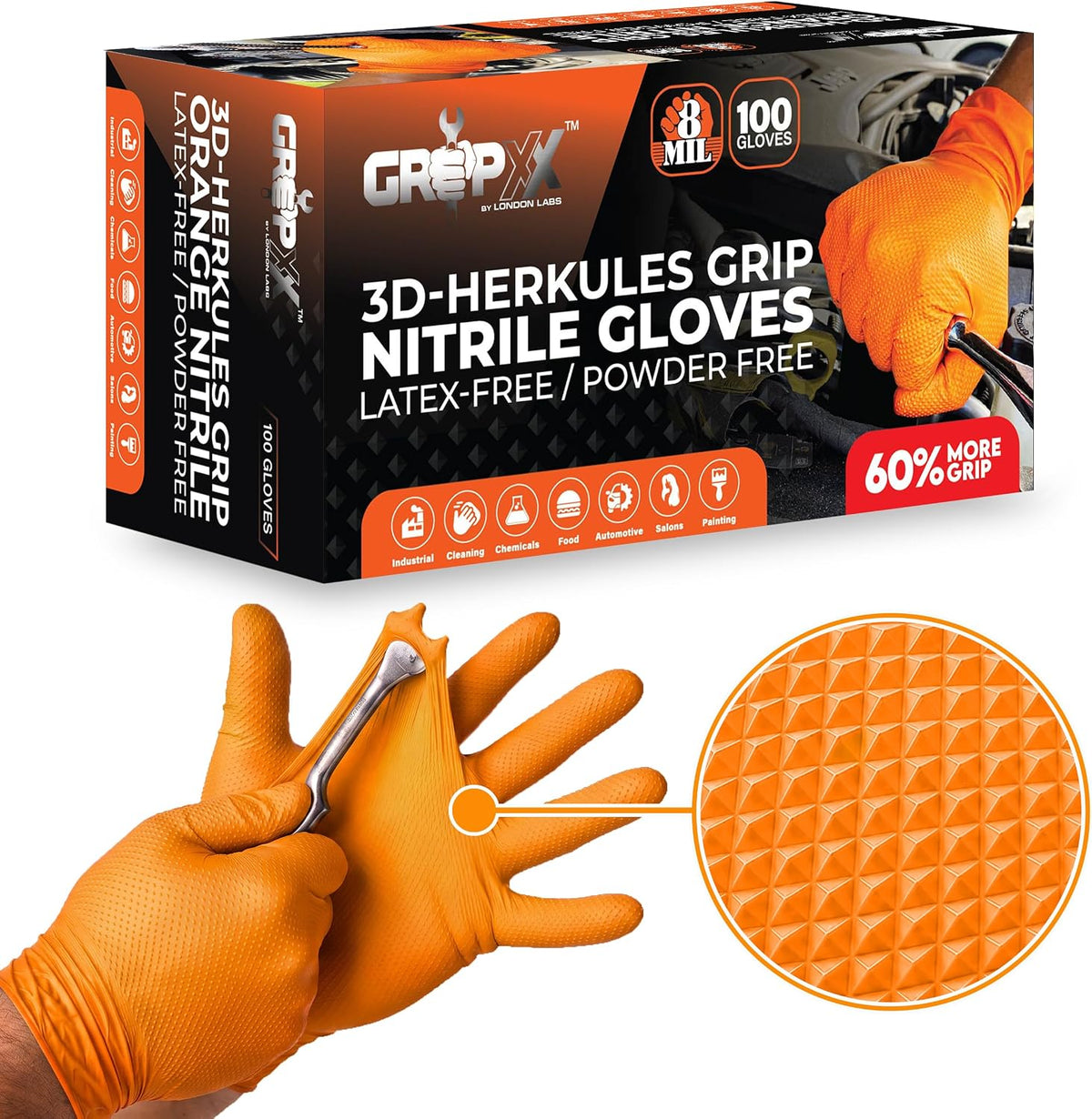 GRIPXX Herkules Grip Heavy Duty 8Mil Nitrile Gloves,3D Raised Diamond Texture-Latex & Powder Free-Industrial, Mechanic