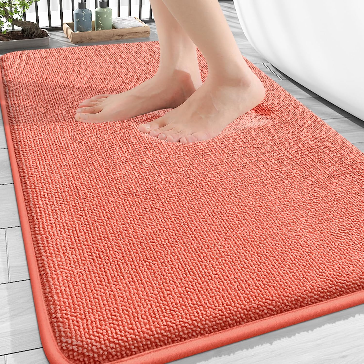 OLANLY Thick Memory Foam Bathroom Rugs 30x20, Absorbent Bath Mat, Coral
