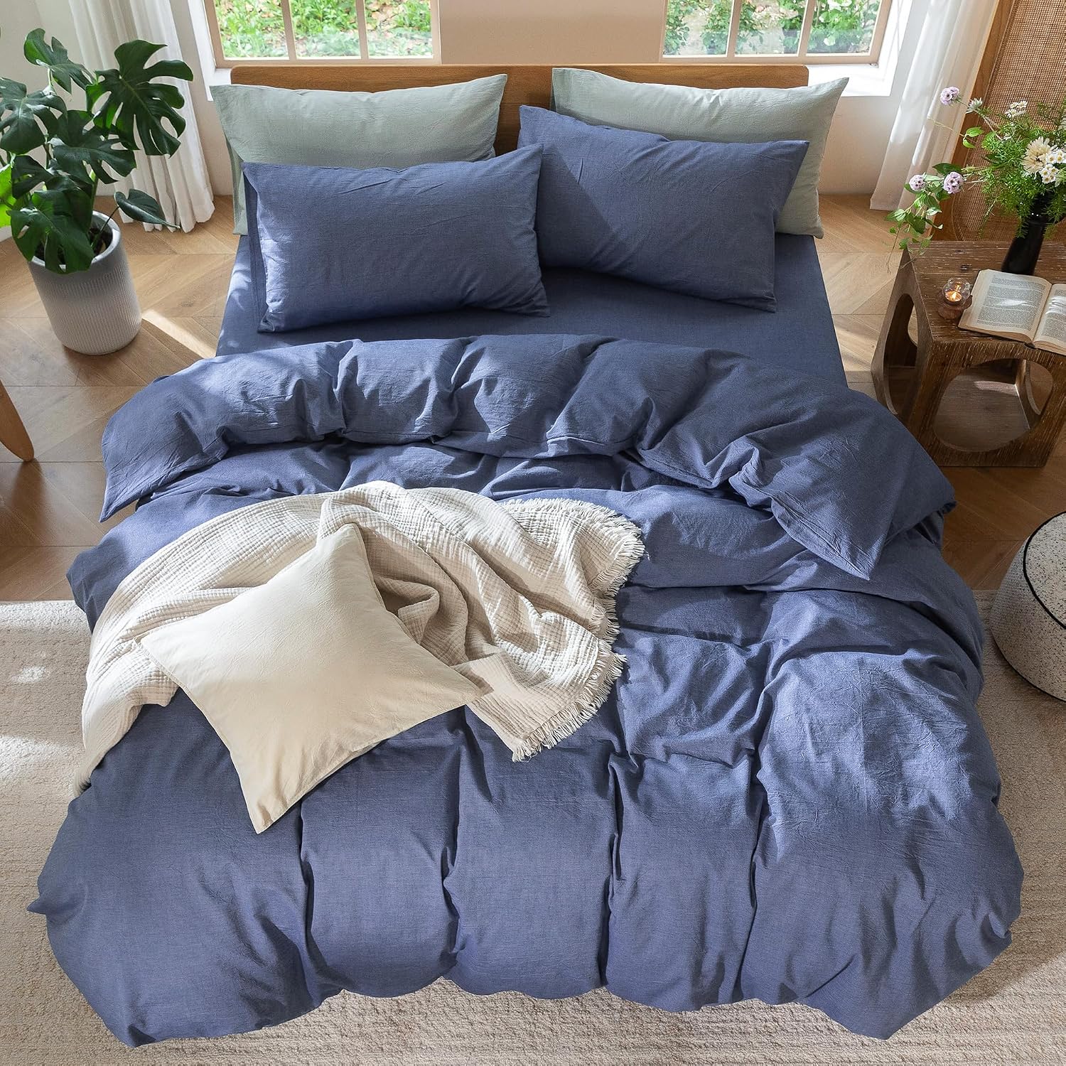 MooMee Duvet Cover Set 100% Washed Cotton Linen Like King
