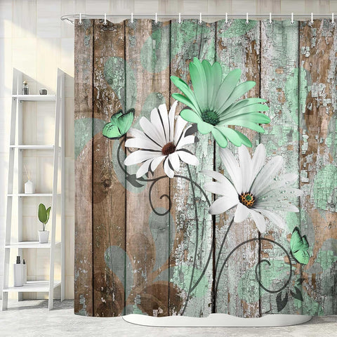 JAWO Farmhouse Flower Floral Shower Curtain, Rustic Green Daisy Shower Curtain Set, Country Green Wild Garden Plant Fabric Shower Curtain with Hooks, Brown Wooden Board Bathroom Curtain, 69x70inch
