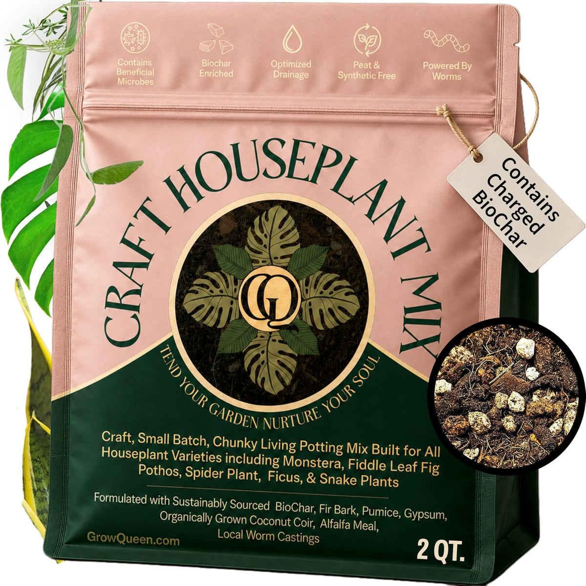 Craft Organic Houseplant Potting Mix, Elite House Plant Soil, Chunky, Well Draining Potting Soil for All Indoor Plants, Tropical Plants & Flowers, Sustainable & Peat Free, Less Prone to Gnats, 2QT