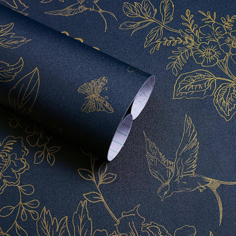 Froluya Dark Blue Peel and Stick Wallpaper Vintage Floral 17.7in×590.5in