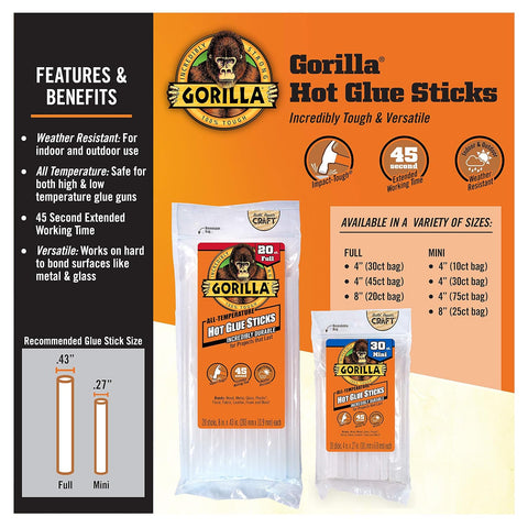 Gorilla Hot Glue Sticks, Clear, Full Size, 8" x 0.43", 20 Count