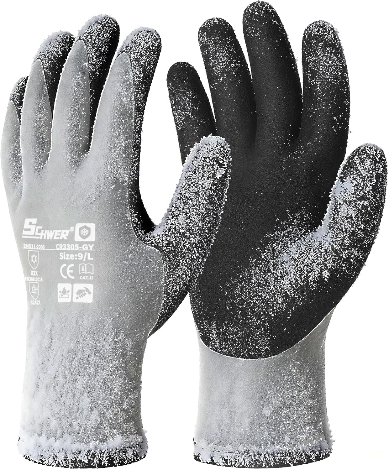 Schwer 2 Pairs 100% Waterproof Winter Work Gloves Latex Coated, CR3305, L