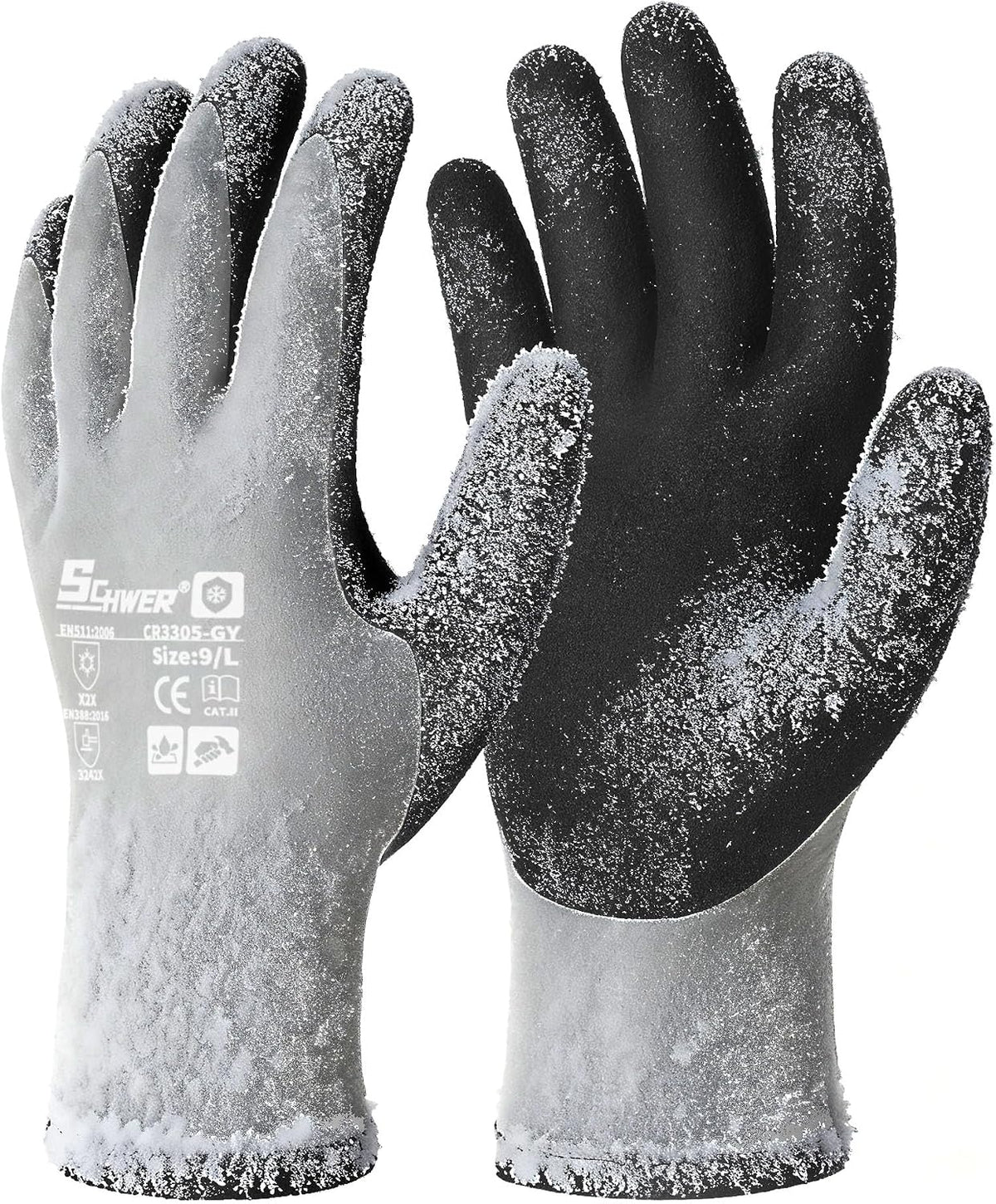 Schwer 2 Pairs 100% Waterproof Winter Work Gloves Latex Coated, CR3305, L