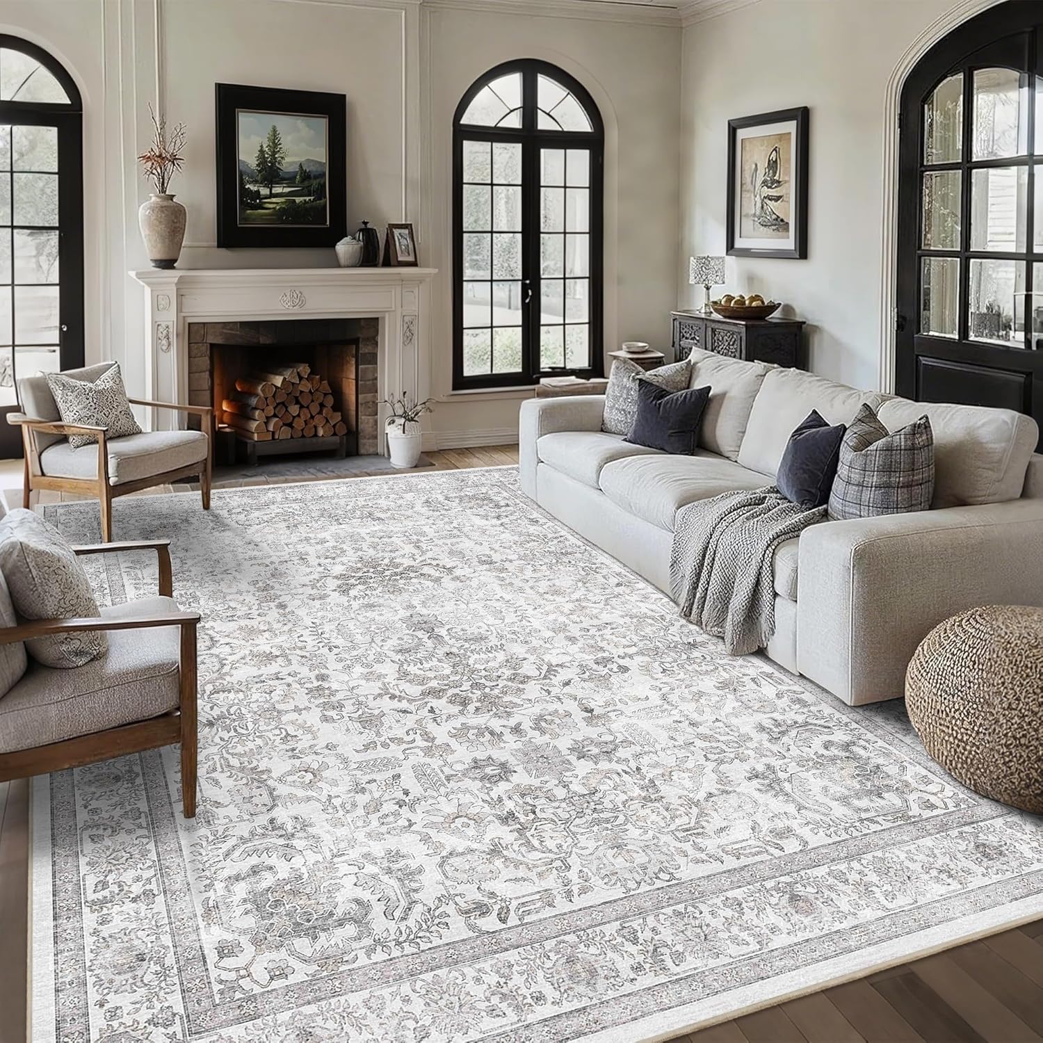 8x10 Washable Living Room Area Rug Non-Slip Vintage Gray Large Carpet
