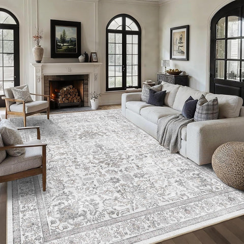 8x10 Washable Living Room Area Rug Non-Slip Vintage Gray Large Carpet