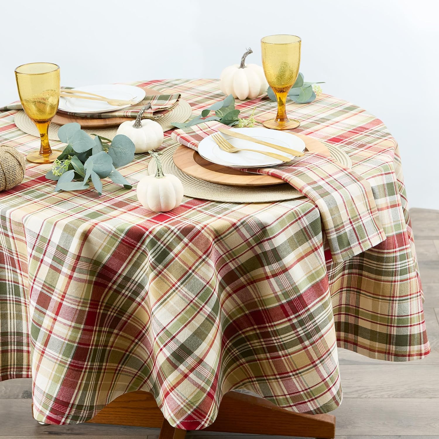 DII Give Thanks Plaid Fall Table Decor, Autumn & Thanksgiving Tabletop Linens, 70" Round Tablecloth