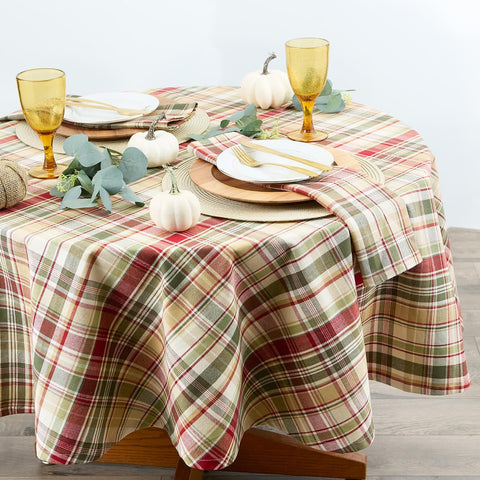 DII Give Thanks Plaid Fall Table Decor, Autumn & Thanksgiving Tabletop Linens, 70" Round Tablecloth