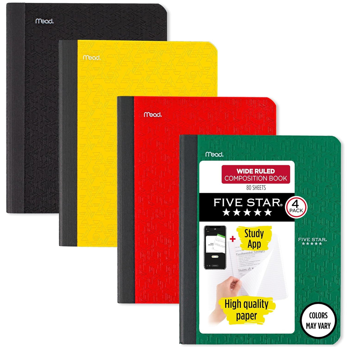 Five Star Composition Book + Study App, 4 Pack, Wide Ruled Paper, 7-1/2" x 9-3/4", 80 Sheets, Forest Green, Tidewater Blue, Fire Red and Harvest Yellow (950033B-ECM)