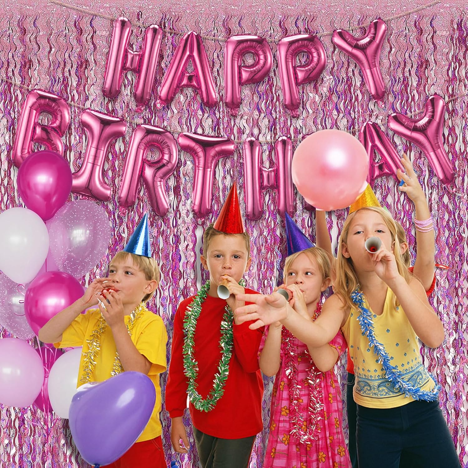 Pink Backdrop Party Decorations Pink Streamers Tinsel Foil Fringe Curtains Wavy Sparkle Metallic Pink Curtain Photo Booth Props for Birthday Wedding Valentines Day Bachelorette Decorations
