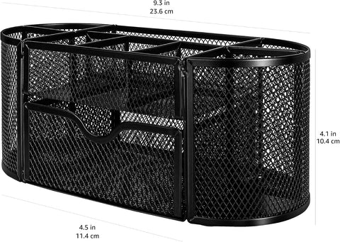 Amazon Basics Mesh Desk Organizer with Pen Holder, Pullout Drawer and Office Caddy Storage, 9.25" x 4.53" x 3.94", Black
