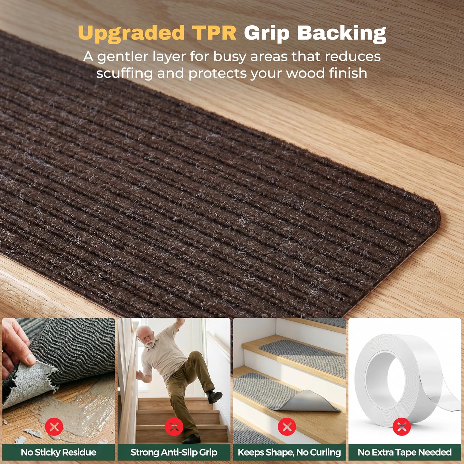 MBIGM Carpet Stair Treads for Wooden Steps, 4 Pack, 8" x 30", Brown Stripe