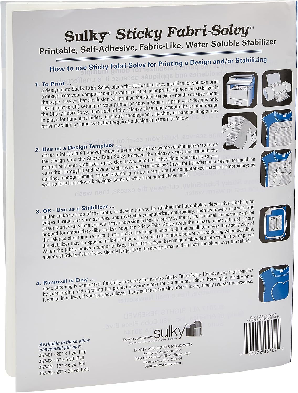 Sulky Sticky Fabri-Solvy Stabilizer 8.5"X11" 12/Pkg