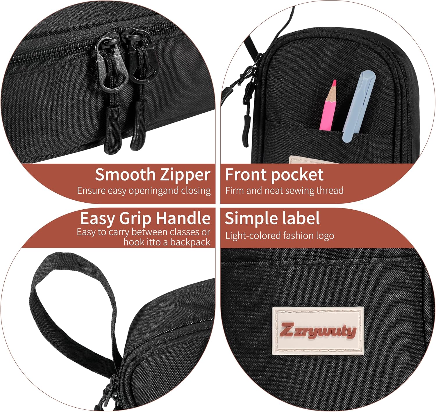 Zzrywuty Pen Case with Zipper Pencil Pouch for Office Travel Portable Large Pencil Case Pouch for Teen Girls & Boys,Black