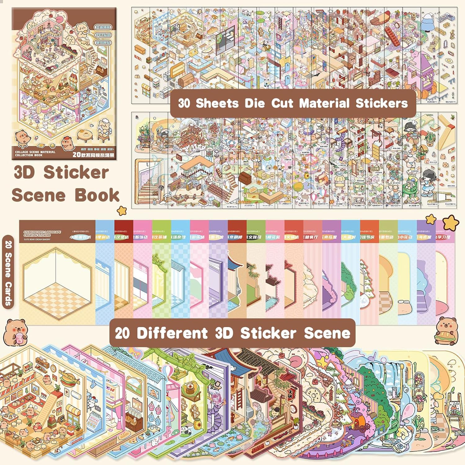20 Sets DIY 3D Sticker Scene Book for Kids Adults Cozy Room Sticker Therapy