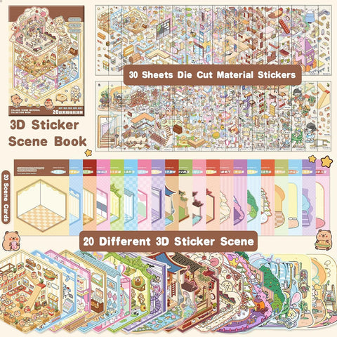20 Sets DIY 3D Sticker Scene Book for Kids Adults Cozy Room Sticker Therapy