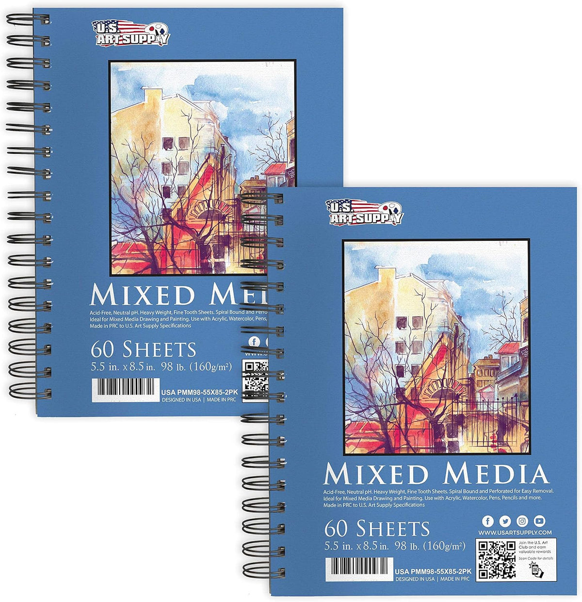 U.S. Art Supply 5.5"x8.5" Mixed Media Sketchbook, 2 Pack (60 Sheets)