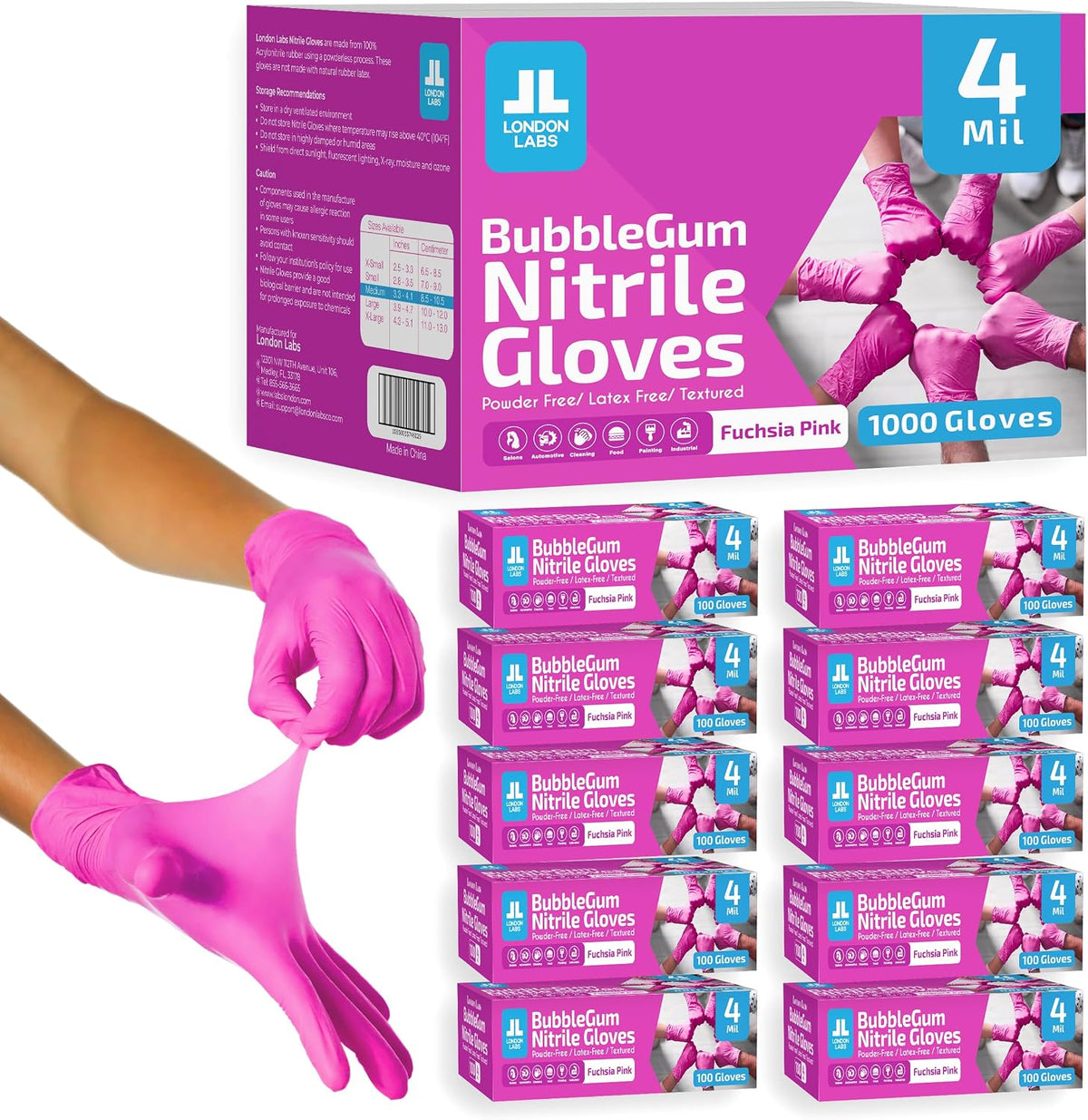 London Labs 4 Mil Pink Nitrile Gloves–Disposable Latex Free & Powder Free–Chemical Resistant, Rubber Gloves, Nial Supplies