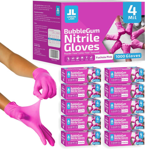 London Labs 4 Mil Pink Nitrile Gloves–Disposable Latex Free & Powder Free–Chemical Resistant, Rubber Gloves, Nial Supplies