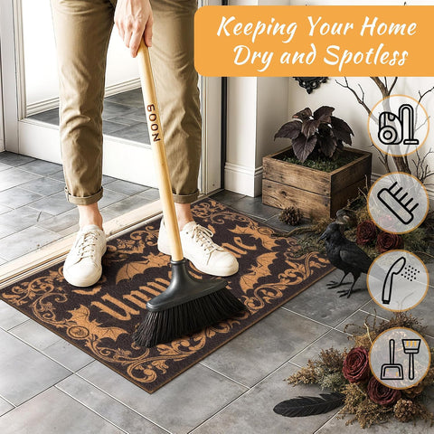 Halloween Door Mat Dark Gothic Bat Design Unwelcome Entrance Rug for Porch