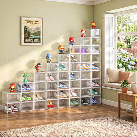 Sturdy Clear Shoe Organizer with Magnetic Door, Stackable Shoe Storage Box