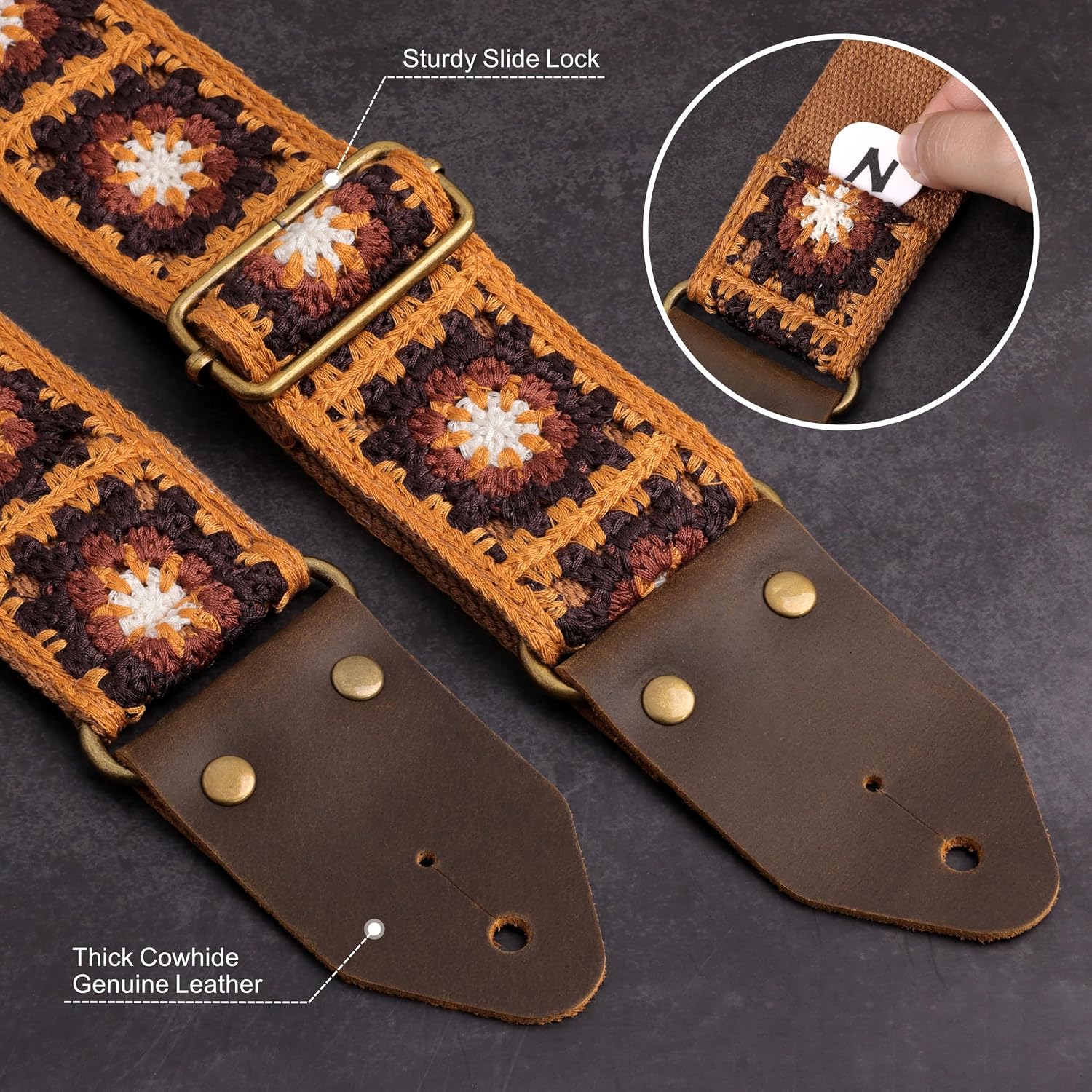 Nefelibata Guitar Strap,Crazy Horse Leather Jacquard Embroidery Cotton Guitar Straps for Bass, Electric & Acoustic, Best Gifts for Guitarists(Sunflower Yellow Embroidery)