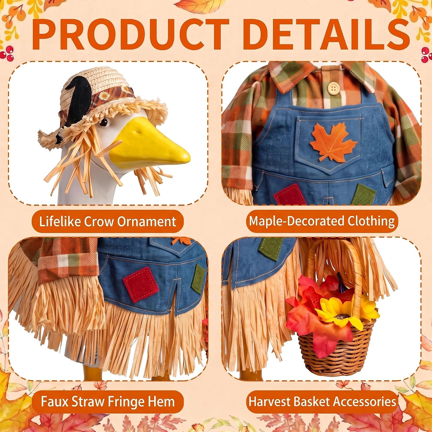 Fall Scarecrow Porch Goose Outfits Fits 23" Yard Outdoor Patio Goose Statue