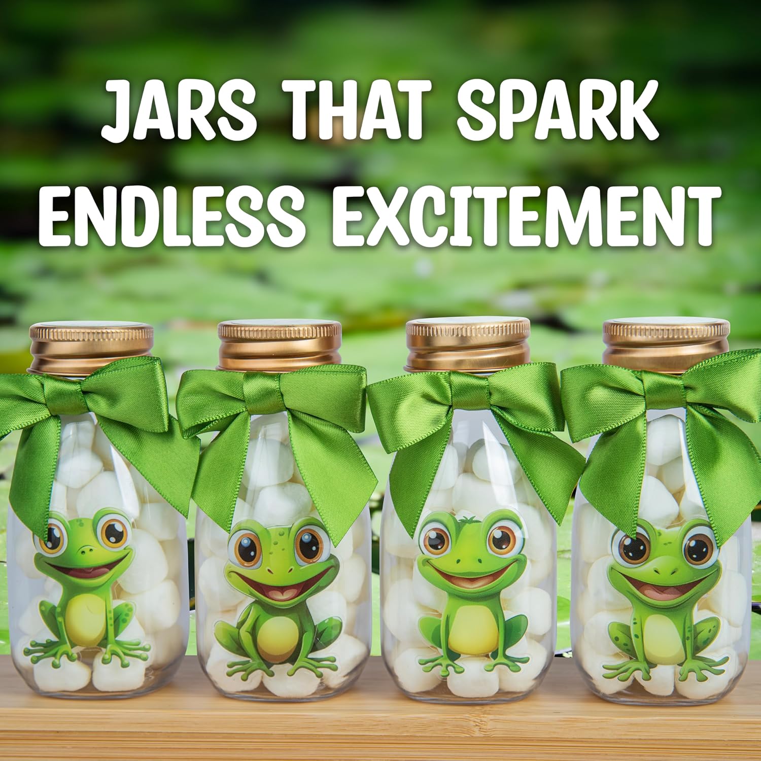 Ethisa Small 12 Pack Frog Party Favors - DIY Candy Jars with Ribbons and Stickers - Party Decoration Bottles for Birthday, and Baby Shower - Toad Theme Table Centerpieces