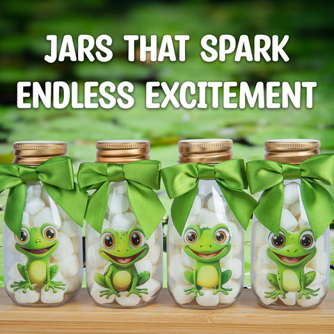 Ethisa Small 12 Pack Frog Party Favors - DIY Candy Jars with Ribbons and Stickers - Party Decoration Bottles for Birthday, and Baby Shower - Toad Theme Table Centerpieces