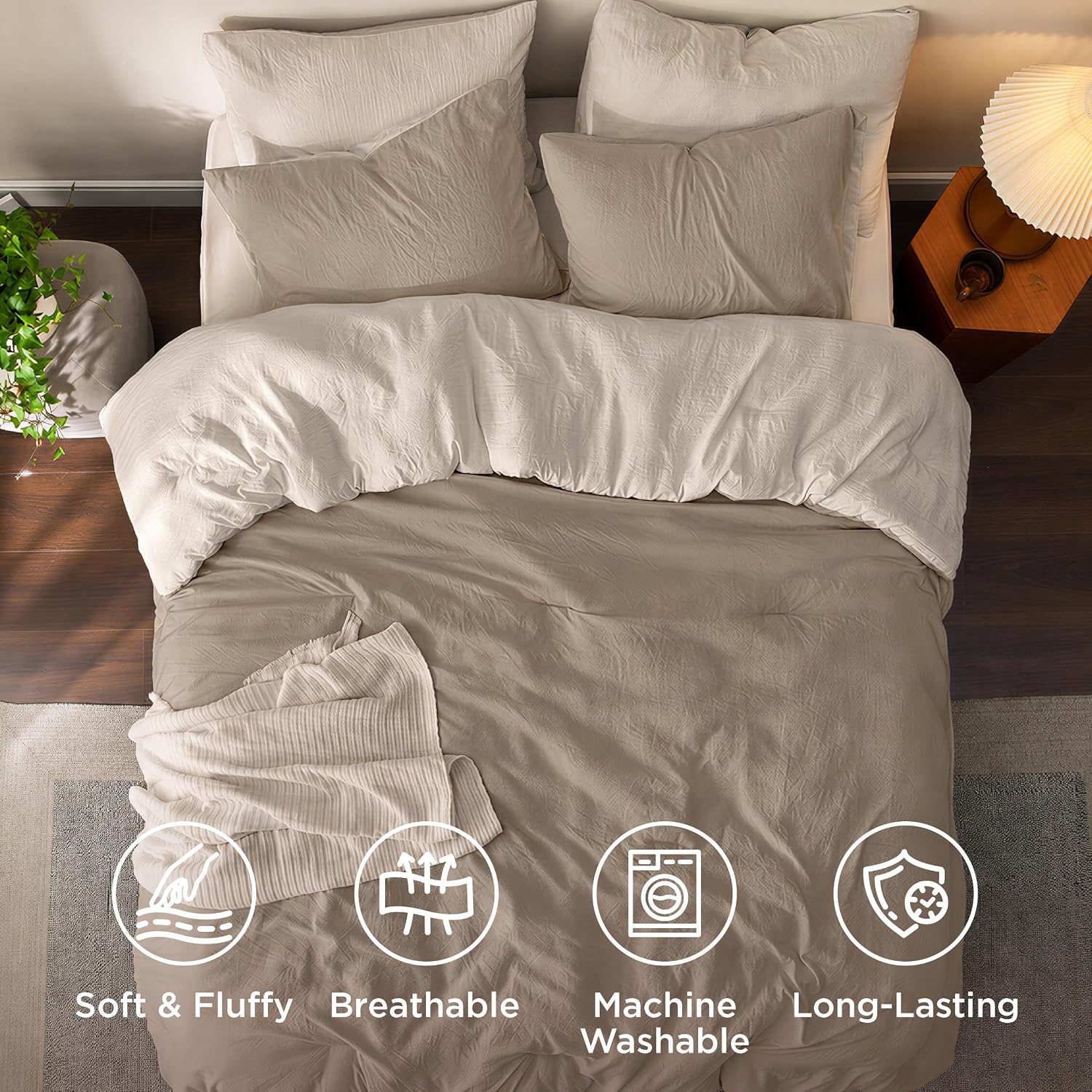 Bedsure Queen Comforter Set Prewashed Soft Bedding 3Pcs Khaki/Beige 90"x90"