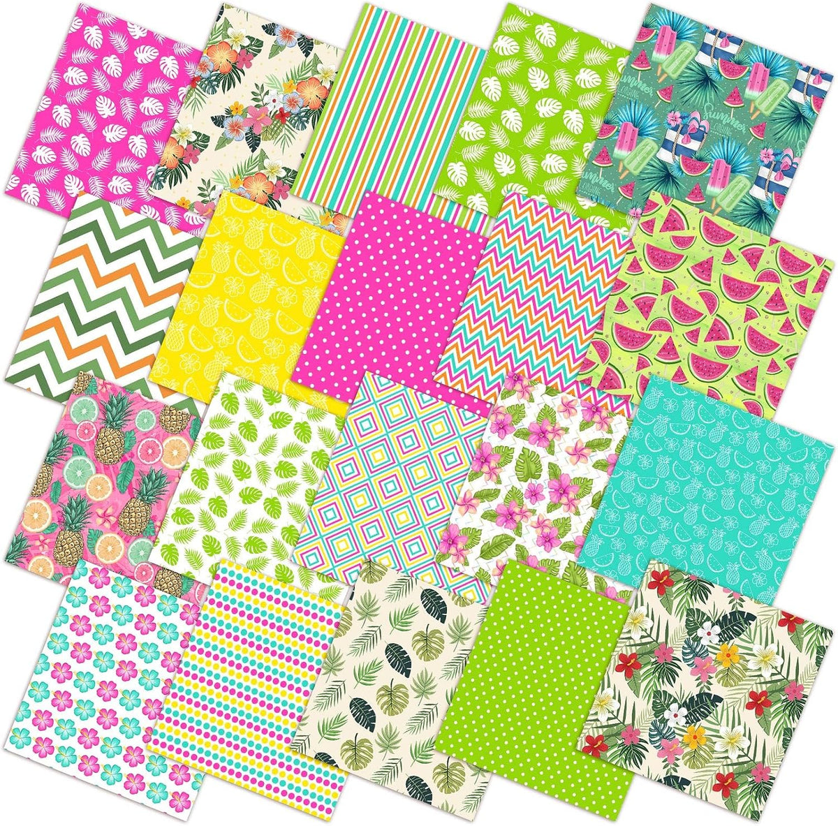HunnmingRe 20 Pcs 10''x10'' Summer Tropical Quilting Fabric Square Pineapple Watermelon Precut Fabric Bundle Colorful Polka Dot Check Printed Patchwork for Holiday DIY Craft Sewing Material Supplies