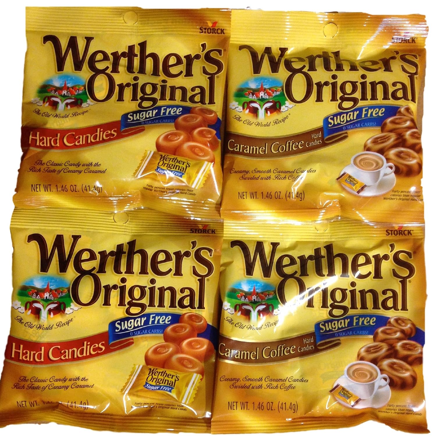 Werther's Original Sugar Free Hard Candies Bundle - Hard Candy & Caramel Coffee Flavored, Individually Wrapped Sugar-Free Treats for Halloween, Parties, or Snacks - Pack of 4 Bags (2 Flavors Each)