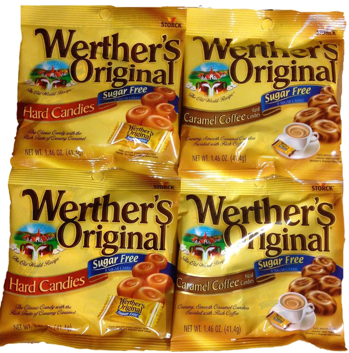 Werther's Original Sugar Free Hard Candies Bundle - Hard Candy & Caramel Coffee Flavored, Individually Wrapped Sugar-Free Treats for Halloween, Parties, or Snacks - Pack of 4 Bags (2 Flavors Each)