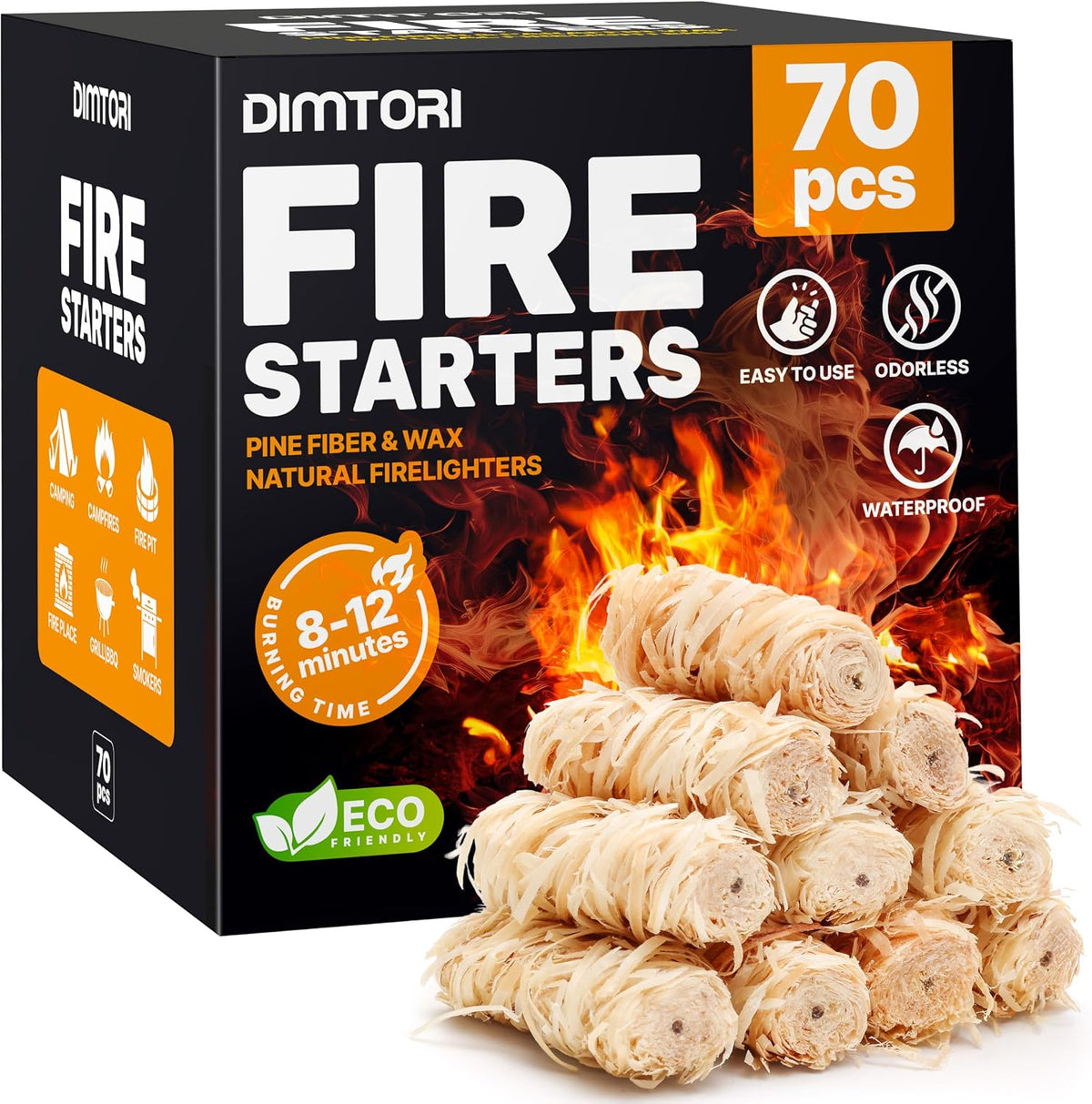 70 pcs Fire Starter - Natural Fire Starters for Campfires, Fire Pit, Pizza Oven, Fireplace, Smoker, BBQ, Pellet Stove & Wood - Fire Starters for Grill, Charcoal Starter